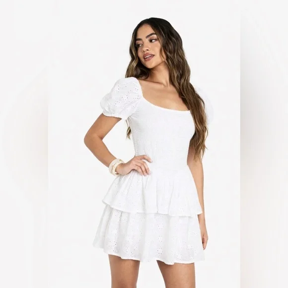 Japna White Eyelet Tiered Puff Sleeve Smocked Mini Dress Beach Boho Summer XL - Picture 2 of 11